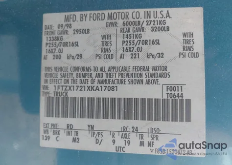 1999 Ford F-150 Work Series/Xl/Xlt из США, поврежденный, VIN 1FTZX1721XKA17081